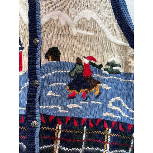 Nutcracker Women's Christmas Button Front Sweater Vest Stretch Size L Beige Blue - Picture 6 of 10